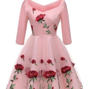 Women Vintage inspired Off Shoulder Rose Embroidered Floral Dress